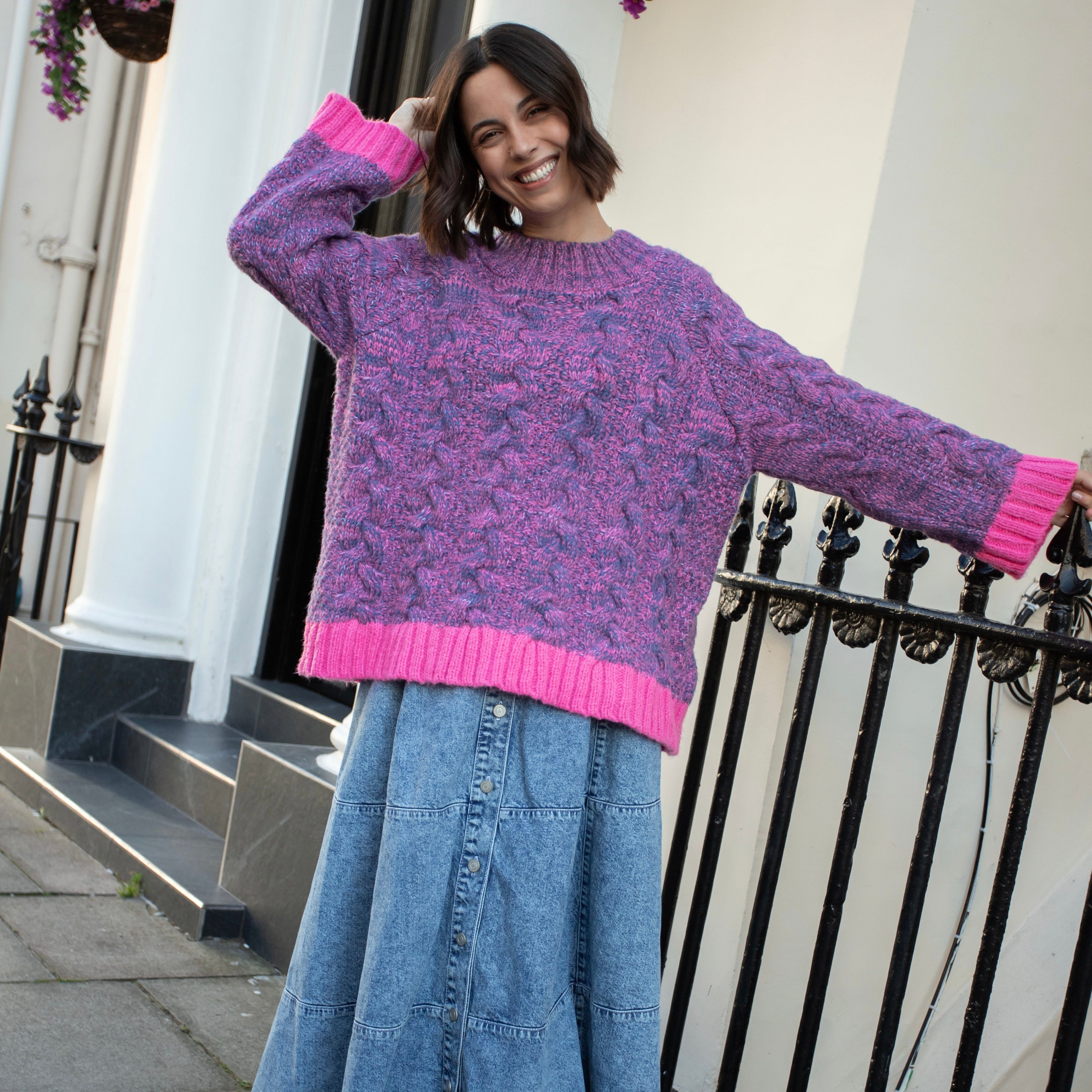 Jennie Cable High Neck Balloon Sleeve Jumper - Denim