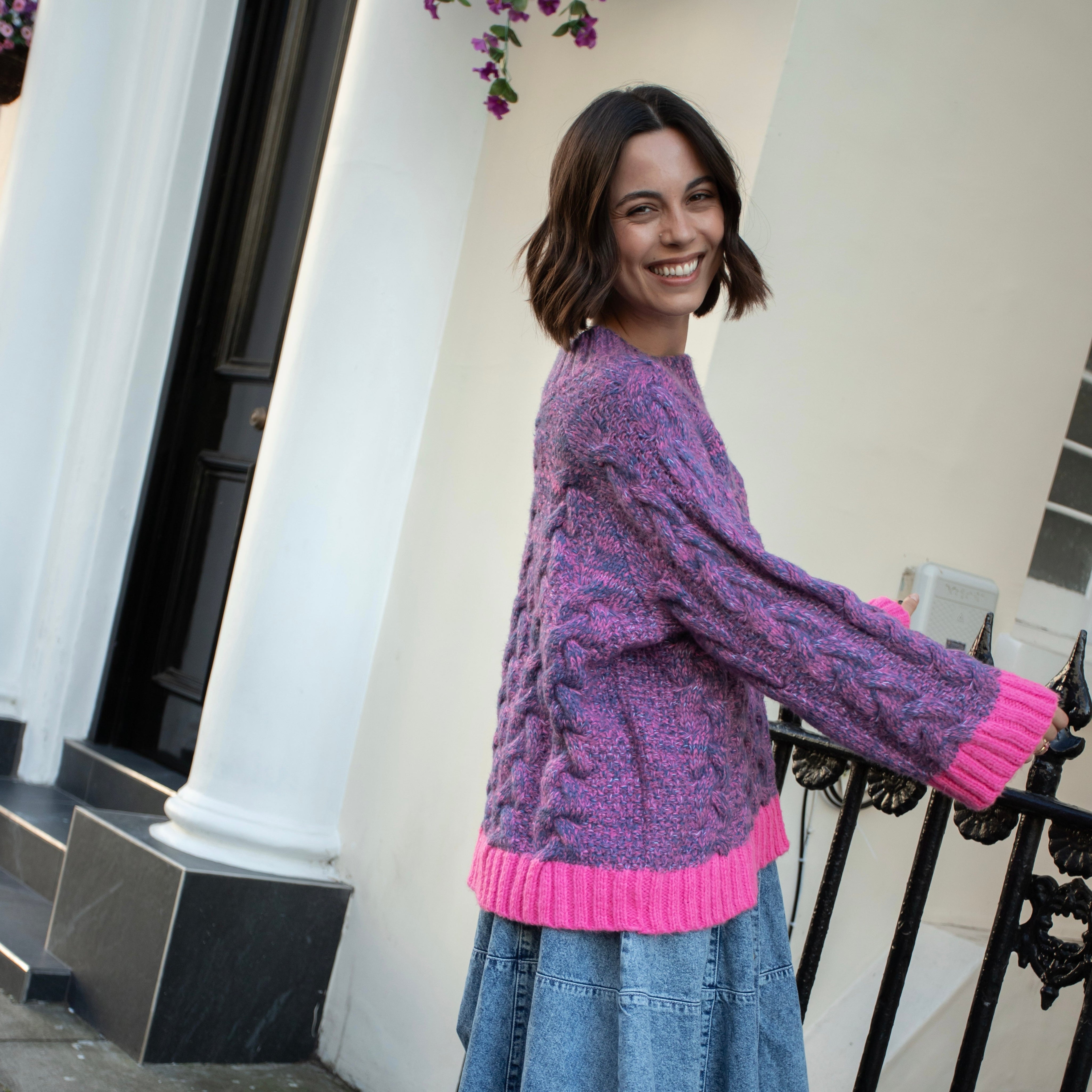 Jennie Cable High Neck Balloon Sleeve Jumper - Denim