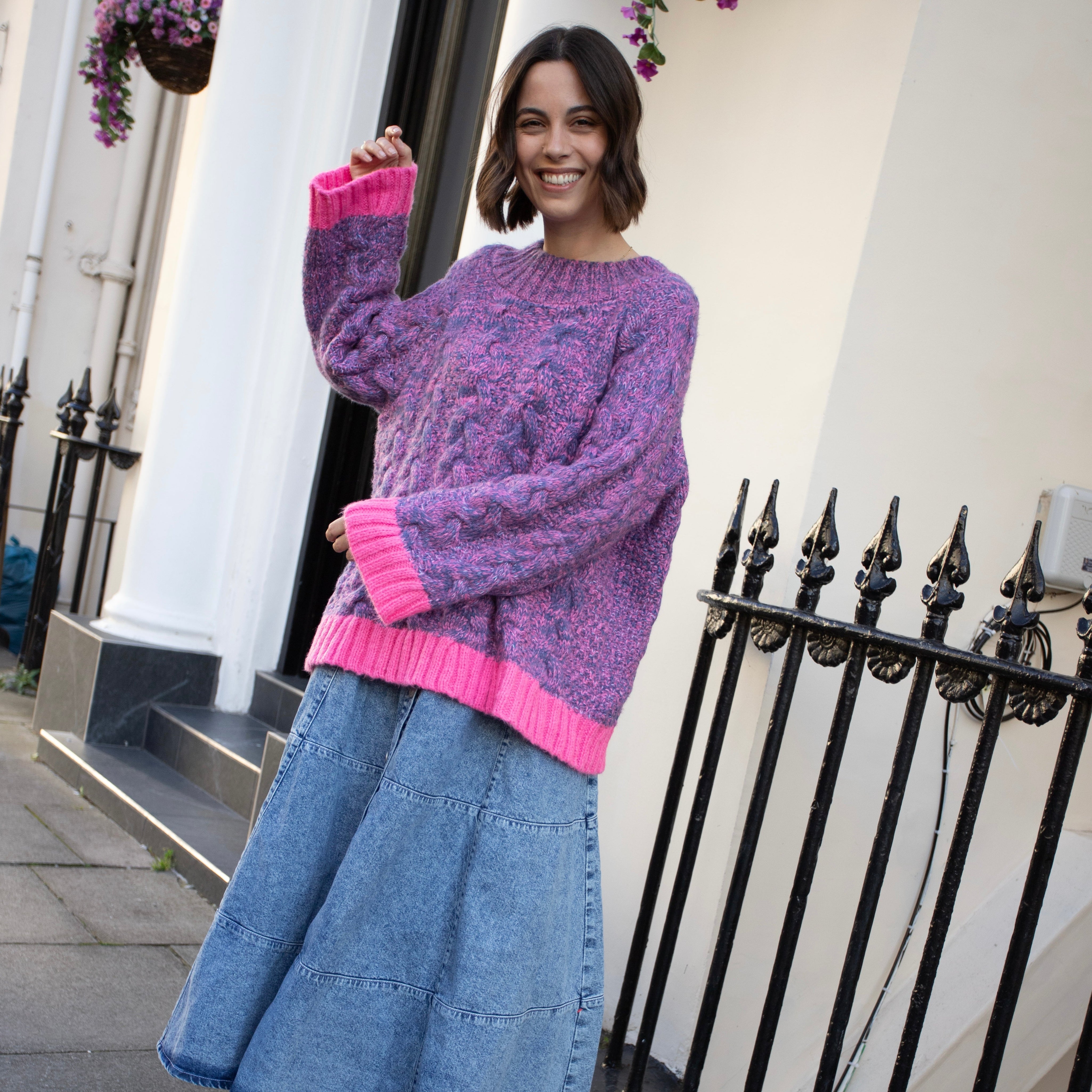 Jennie Cable High Neck Balloon Sleeve Jumper - Denim