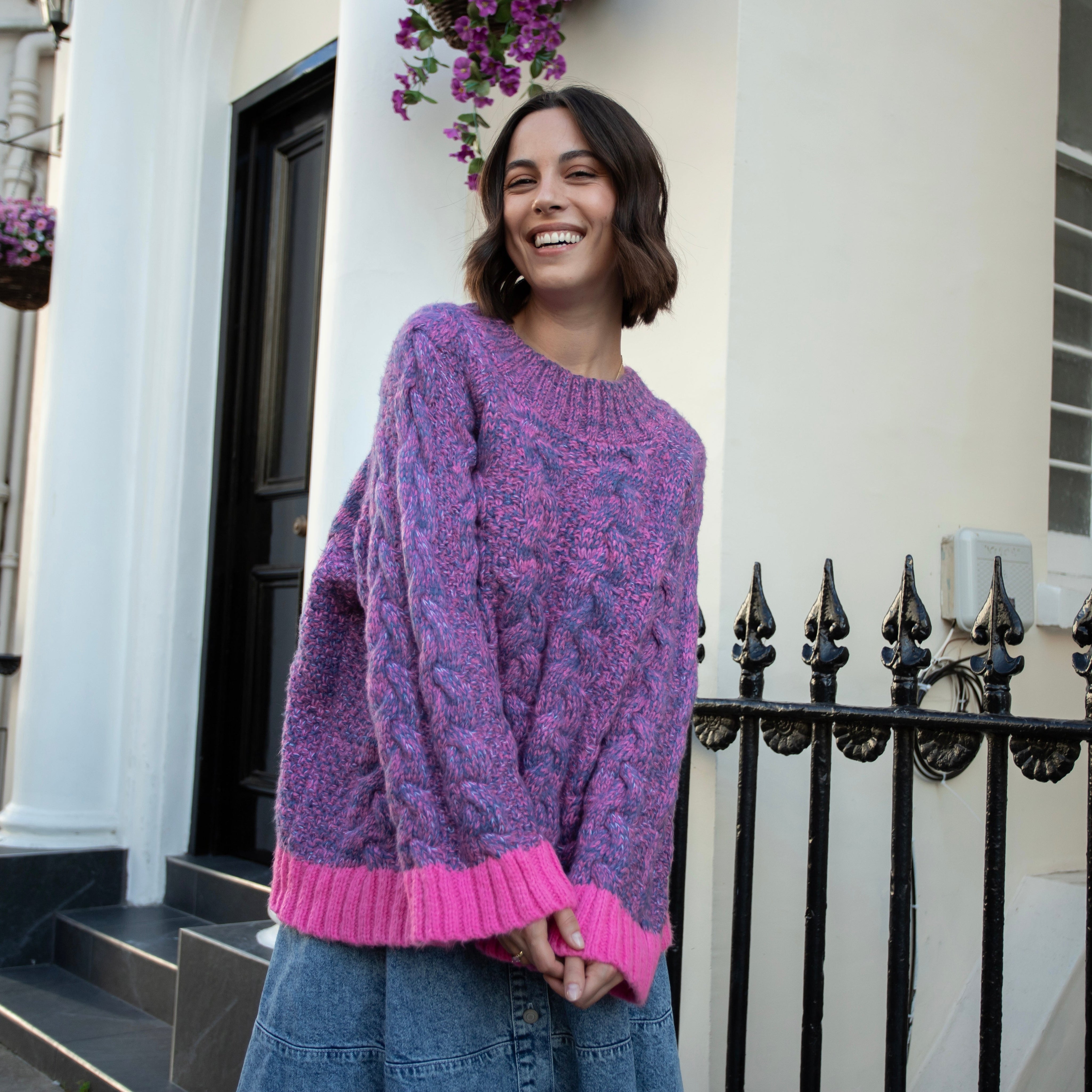 Jennie Cable High Neck Balloon Sleeve Jumper - Denim