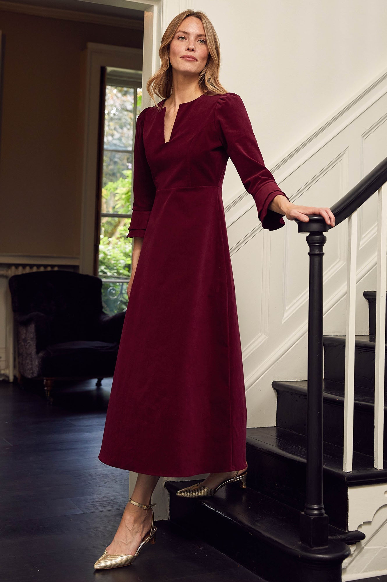 Jocelyn V-Neck 3/4 Sleeve Corduroy Dress | Wine