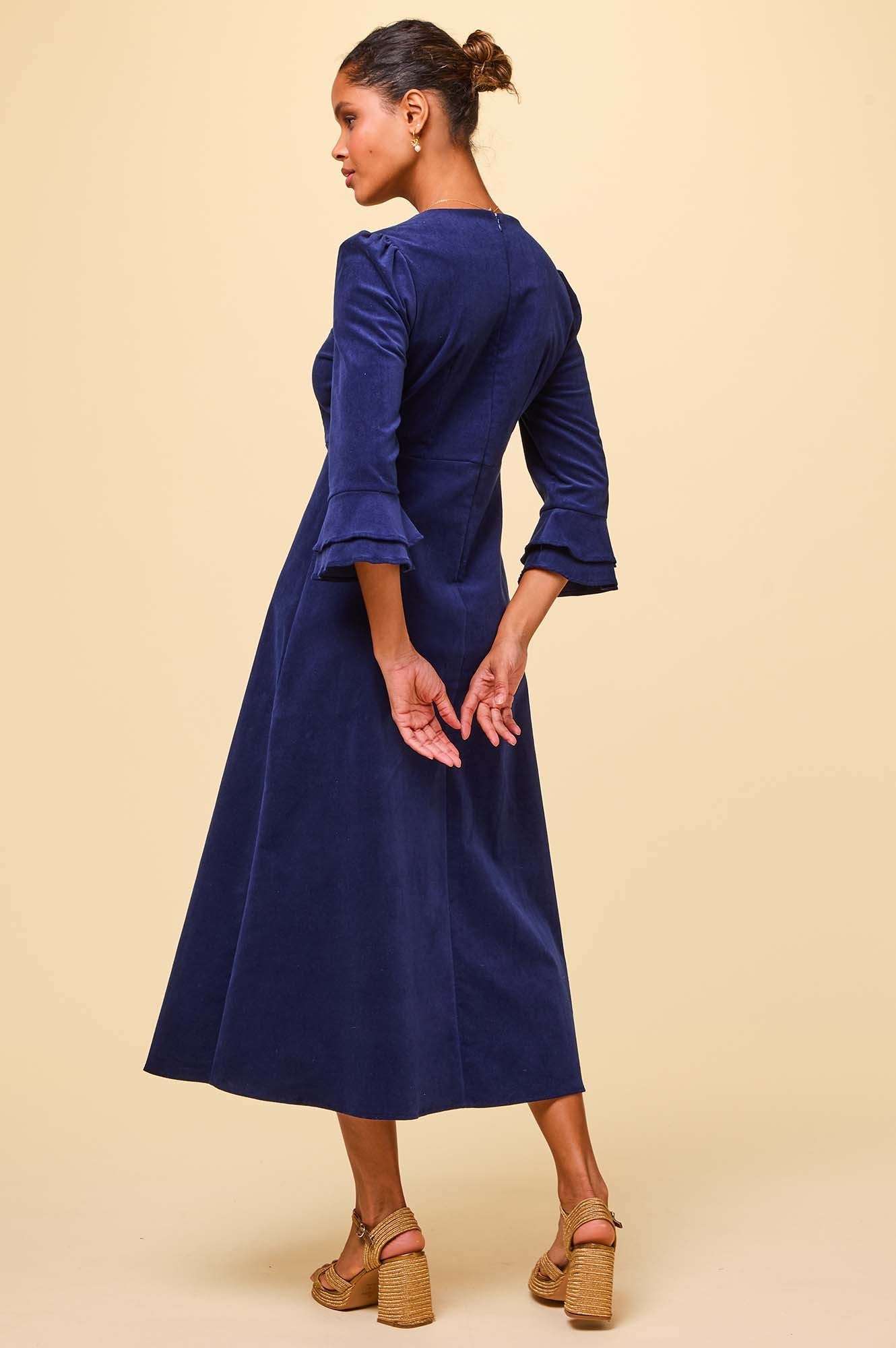 Jocelyn V-Neck 3/4 Sleeve Corduroy Dress | Atlantic Blue