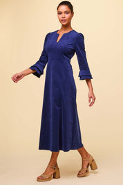 Jocelyn V-Neck 3/4 Sleeve Corduroy Dress | Atlantic Blue