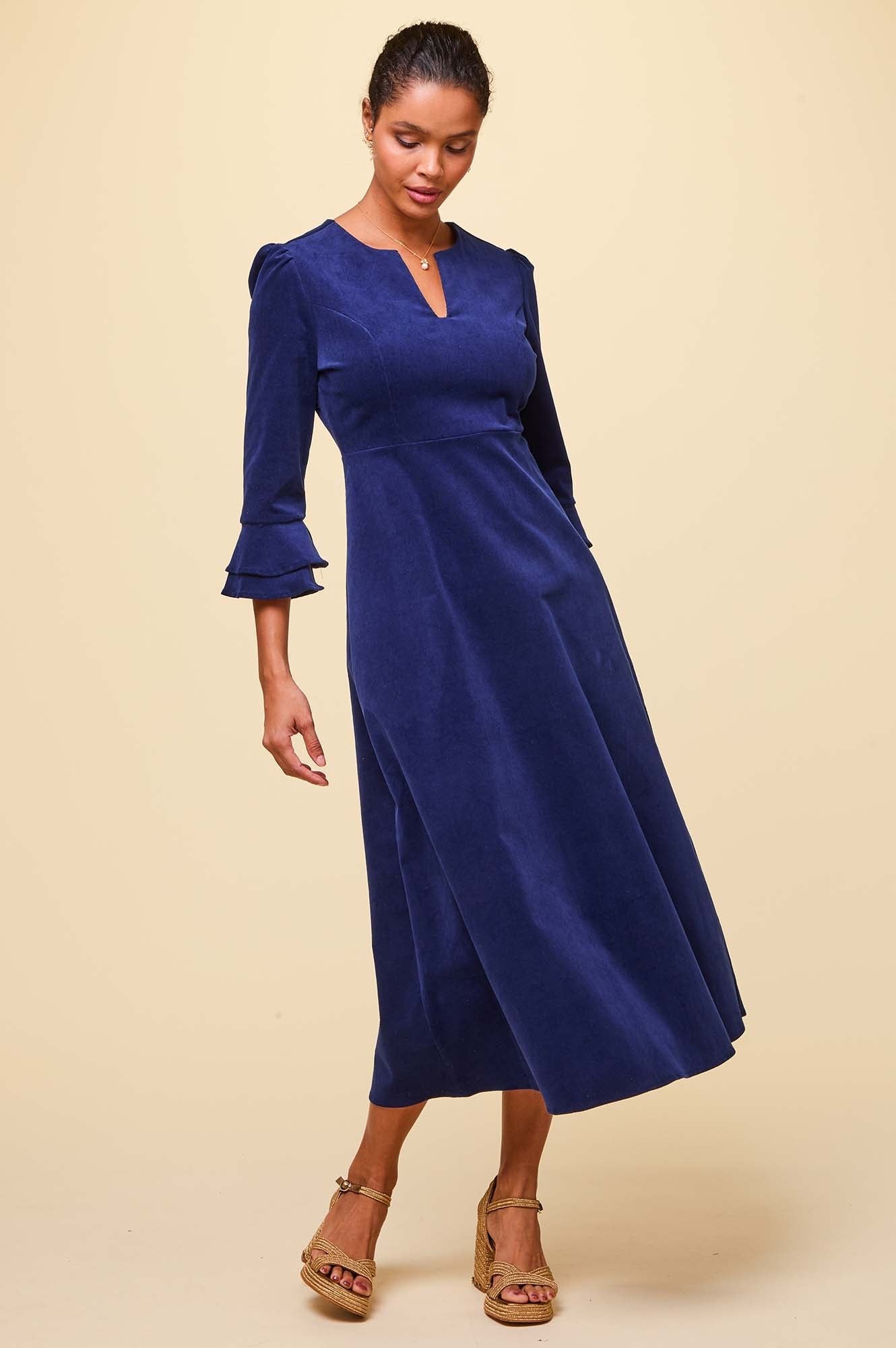 Jocelyn V-Neck 3/4 Sleeve Corduroy Dress | Atlantic Blue