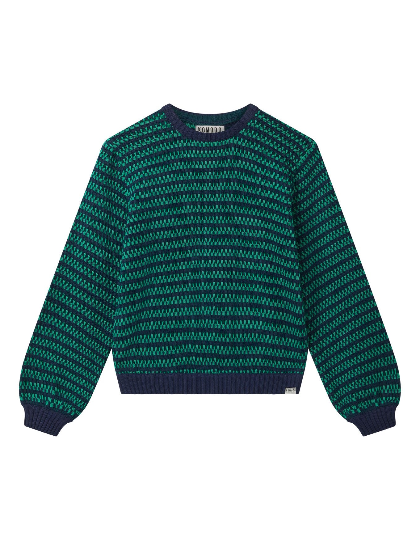 Green and navy patterned sweater on a white background