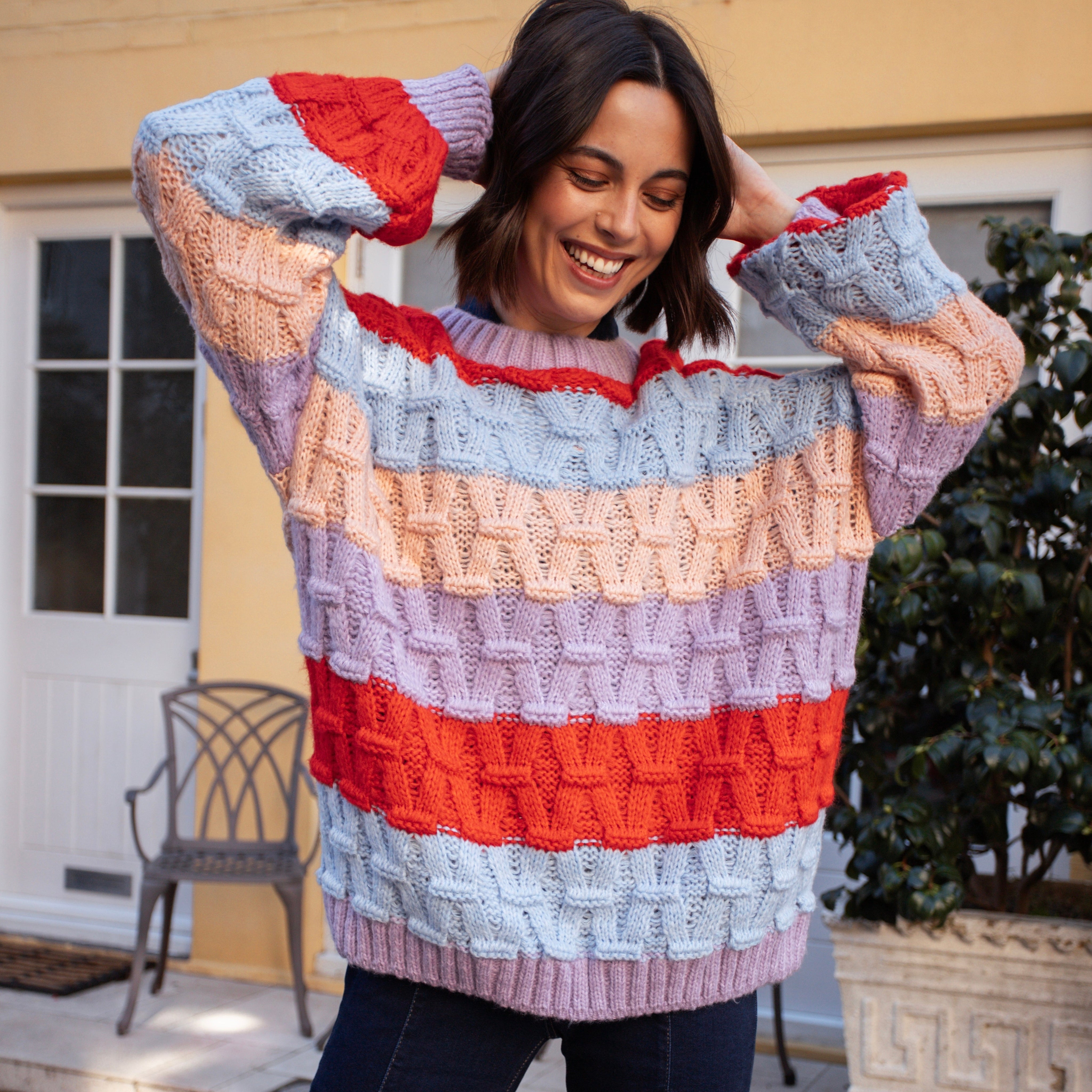 Mandy Criss-Cross Stitch Balloon Sleeve Stripe Jumper - Orange