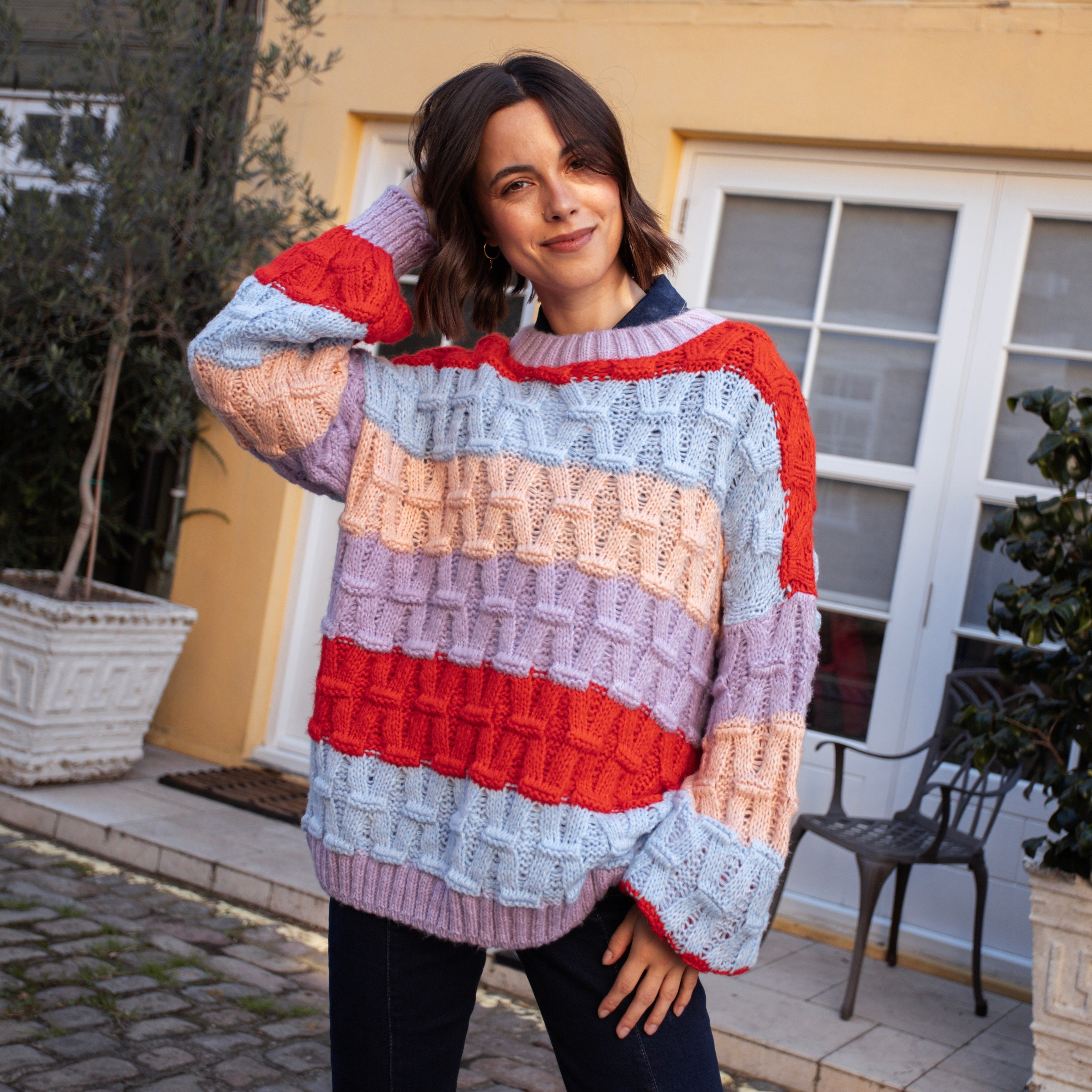 Mandy Criss-Cross Stitch Balloon Sleeve Stripe Jumper - Orange