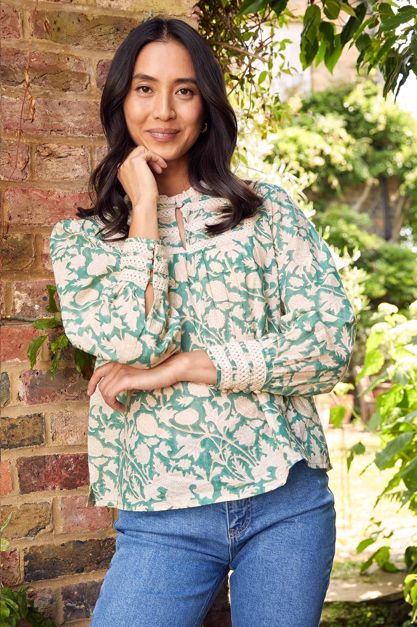 Margot Block Print Blouse | Tea Rose Green/Taupe