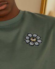 Blue Eyed Flower Upcycled Appliqué T-Shirt Green