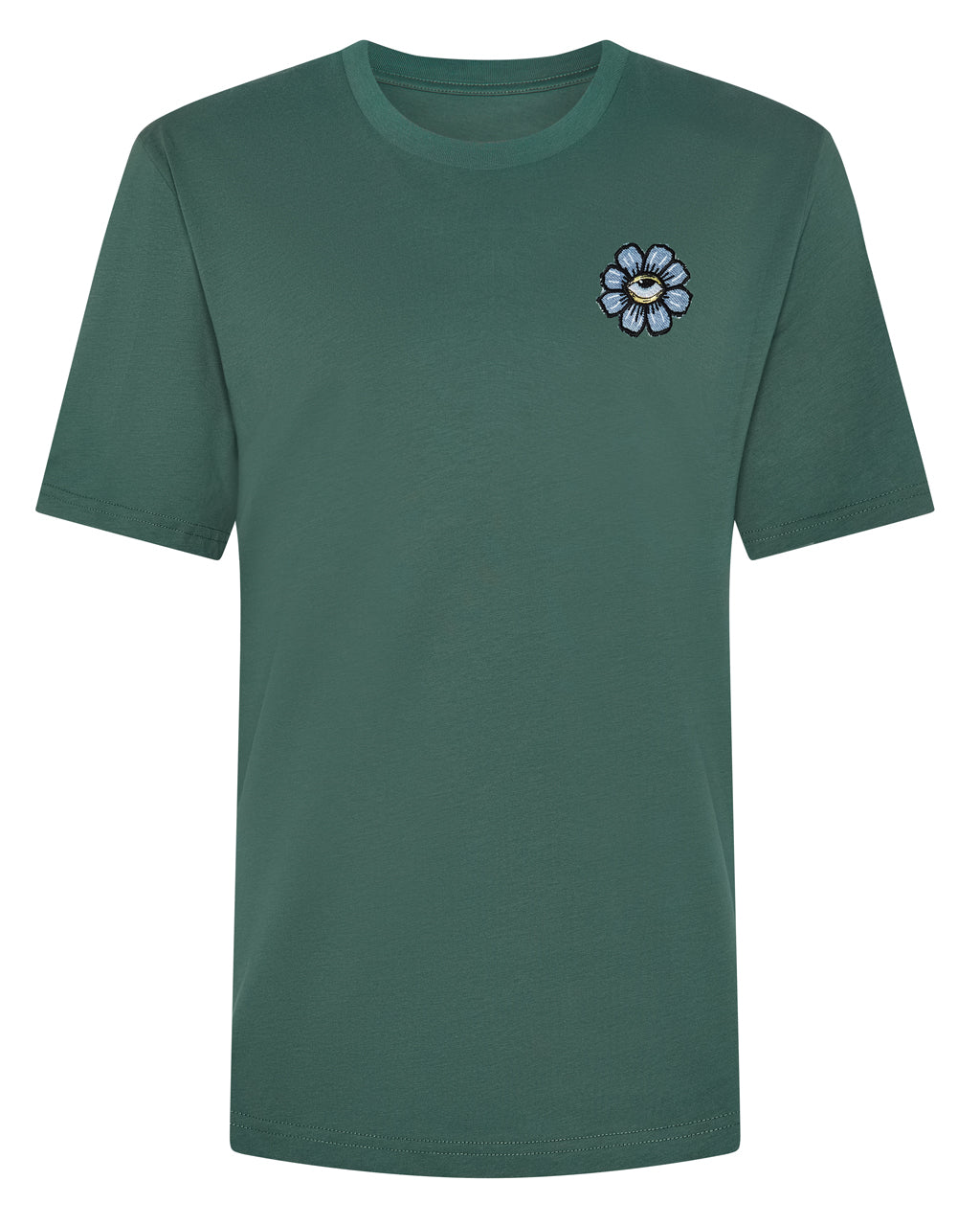 Blue Eyed Flower Upcycled Appliqué T-Shirt Green