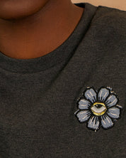 Blue Eyed Flower Upcycled Appliqué T-Shirt Grey