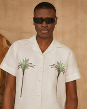 Palm Embroidered Irish Linen Cuban Shirt