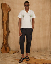 Palm Embroidered Irish Linen Cuban Shirt