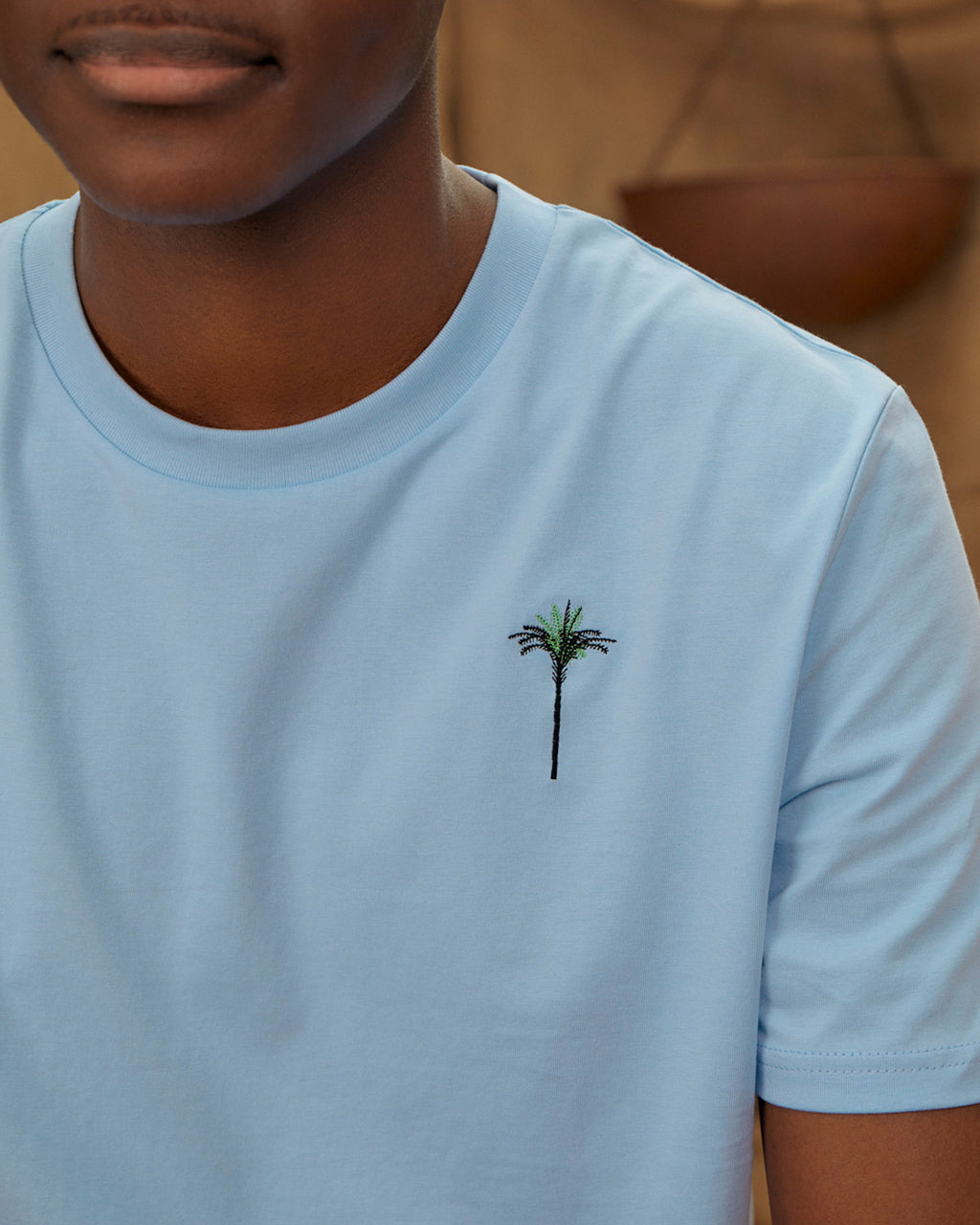 Palm Embroidered Organic Cotton T-Shirt Blue