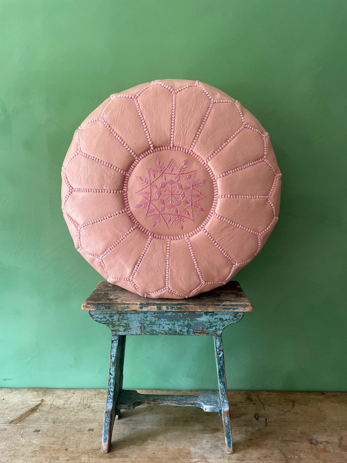 Moroccan Leather Pouffe, Ballet Pink