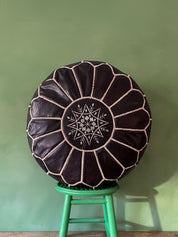 Moroccan Leather Pouffe, Ebony