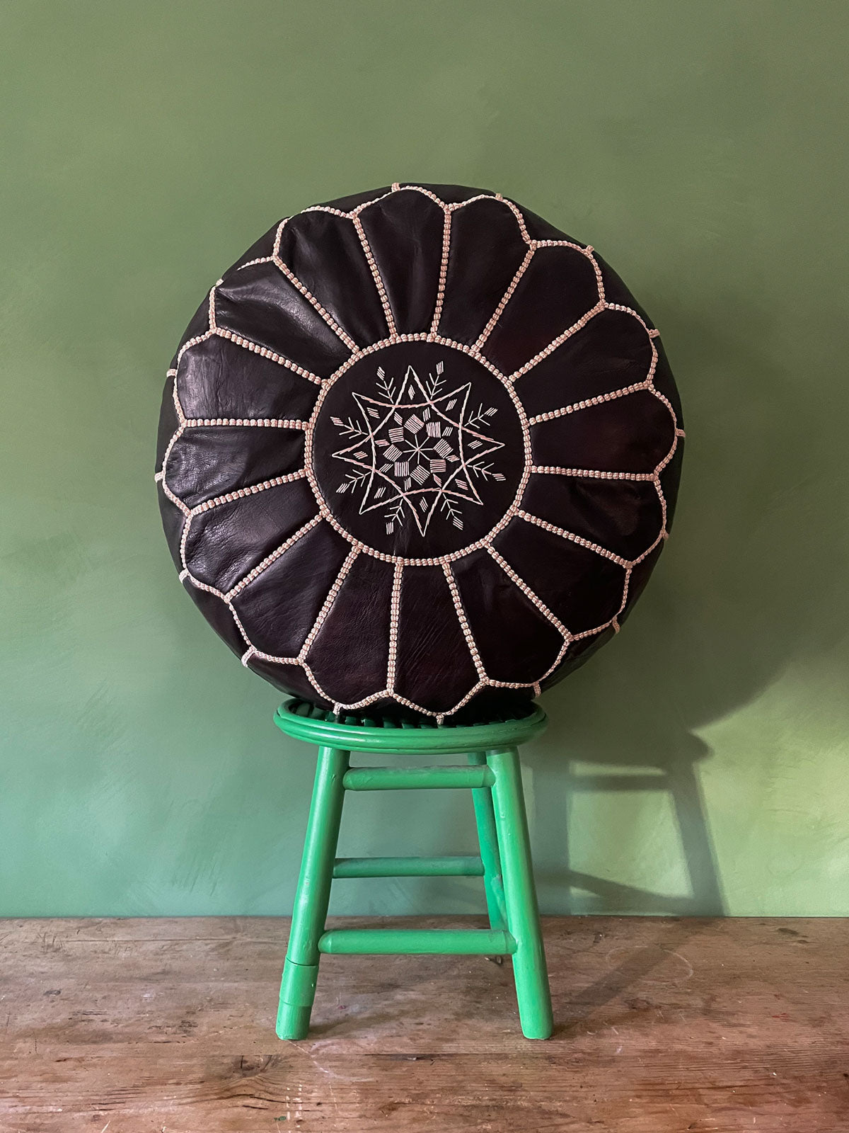 Moroccan Leather Pouffe, Ebony