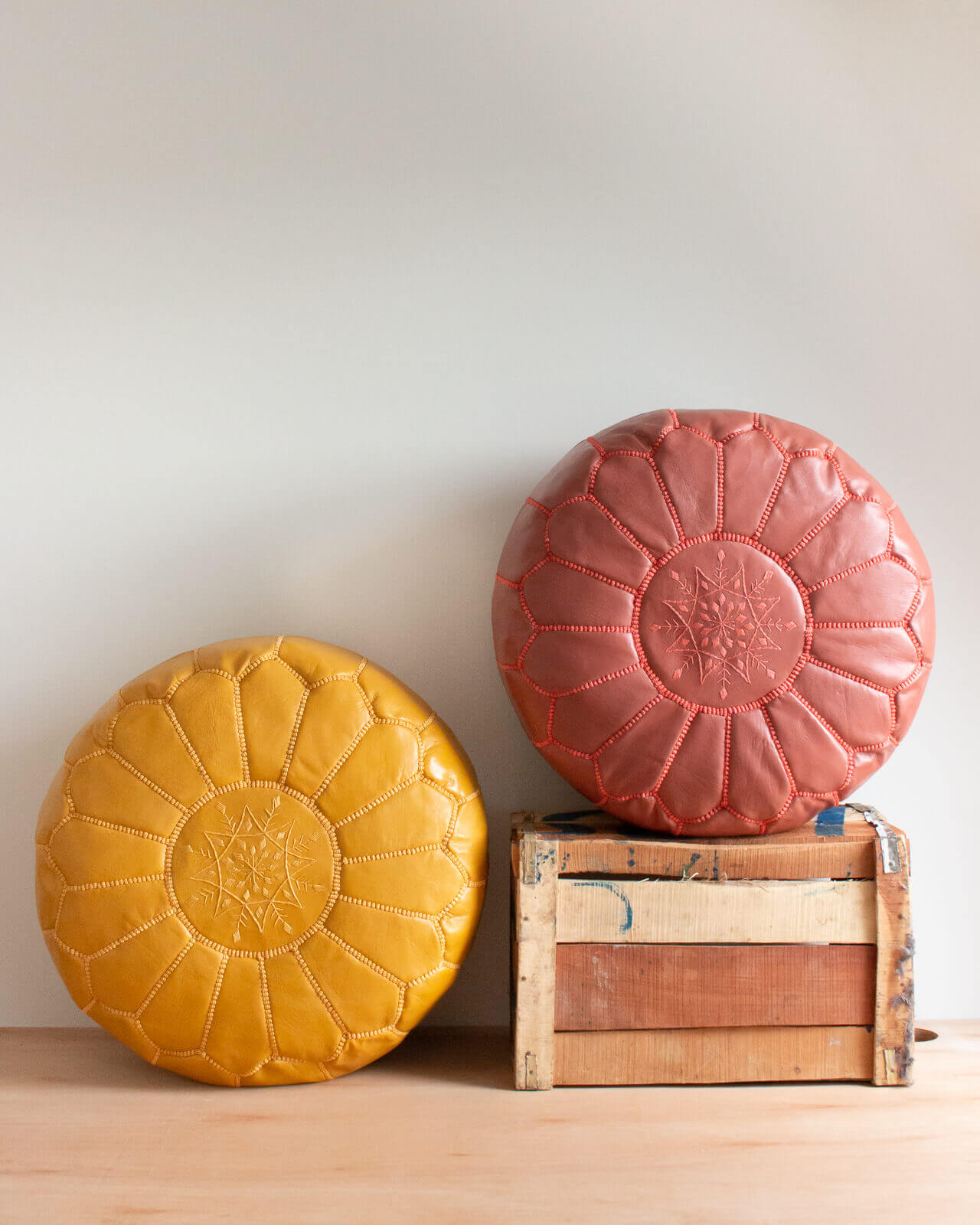 Moroccan Leather Pouffe, Terracotta