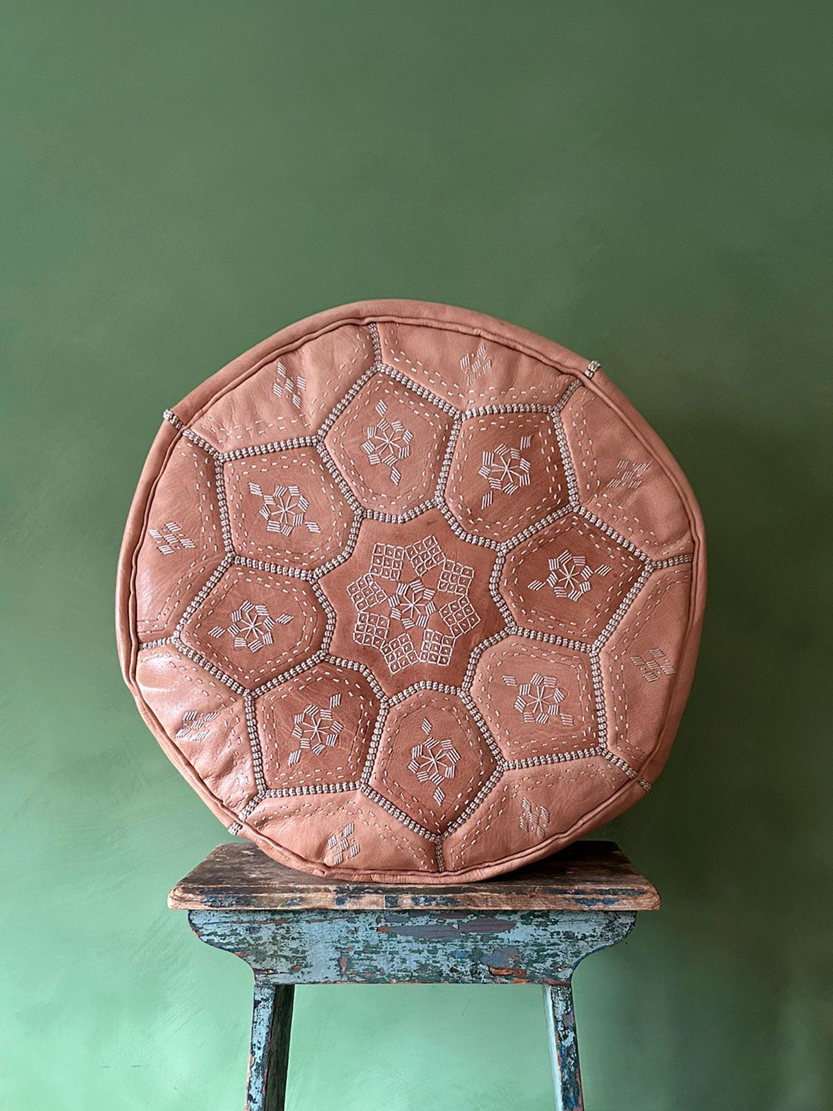 Moroccan Leather Tile Pouffe, Natural