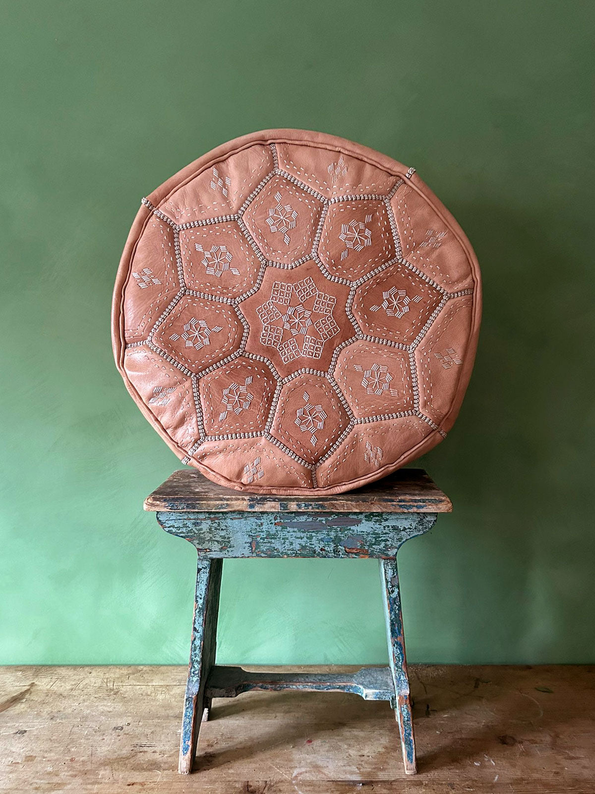 Moroccan Leather Tile Pouffe, Natural