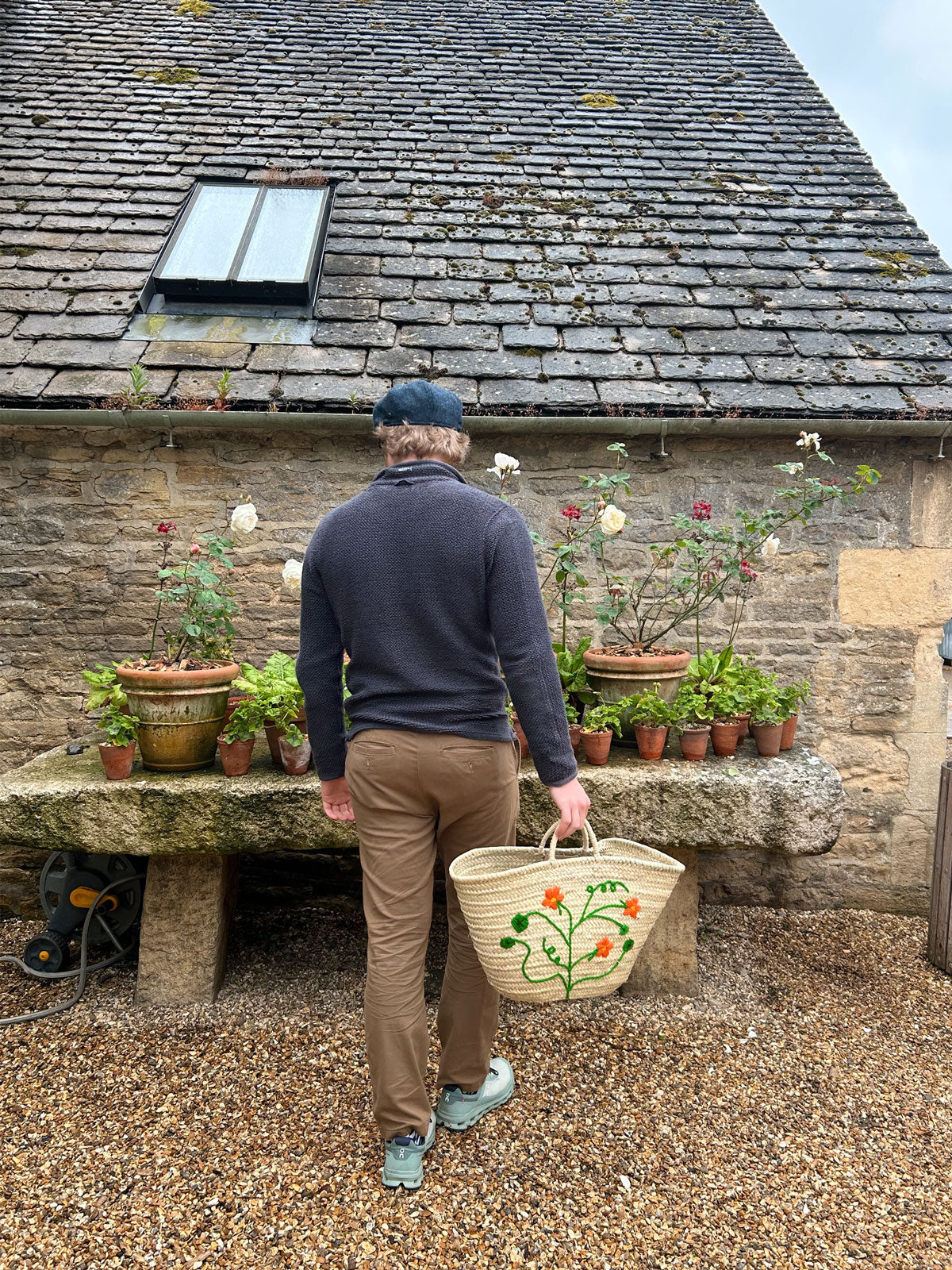 Hand Embroidered Market Basket, Nasturtium