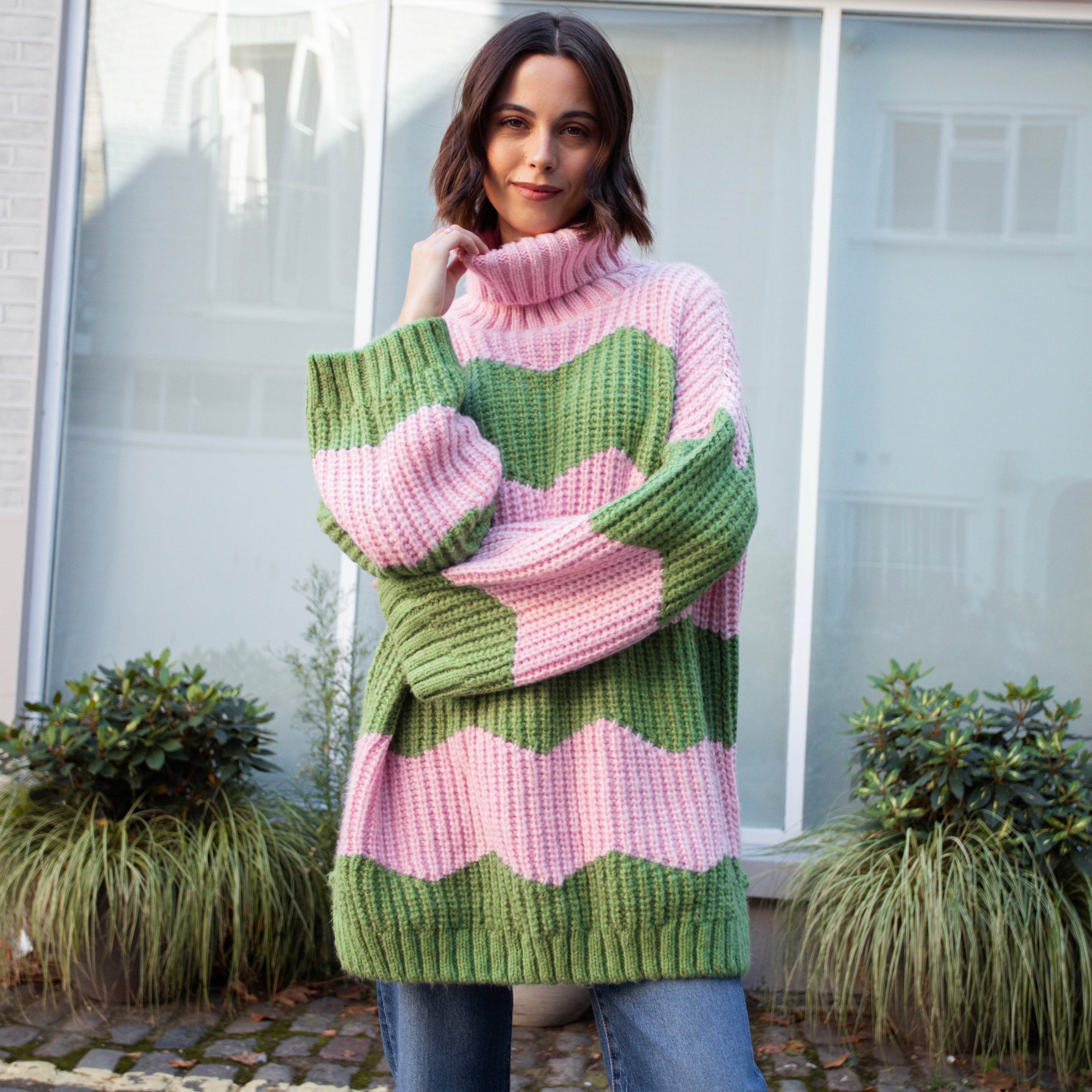 Nelly Chevron Roll Neck Knitted Jumper Dress - Pink