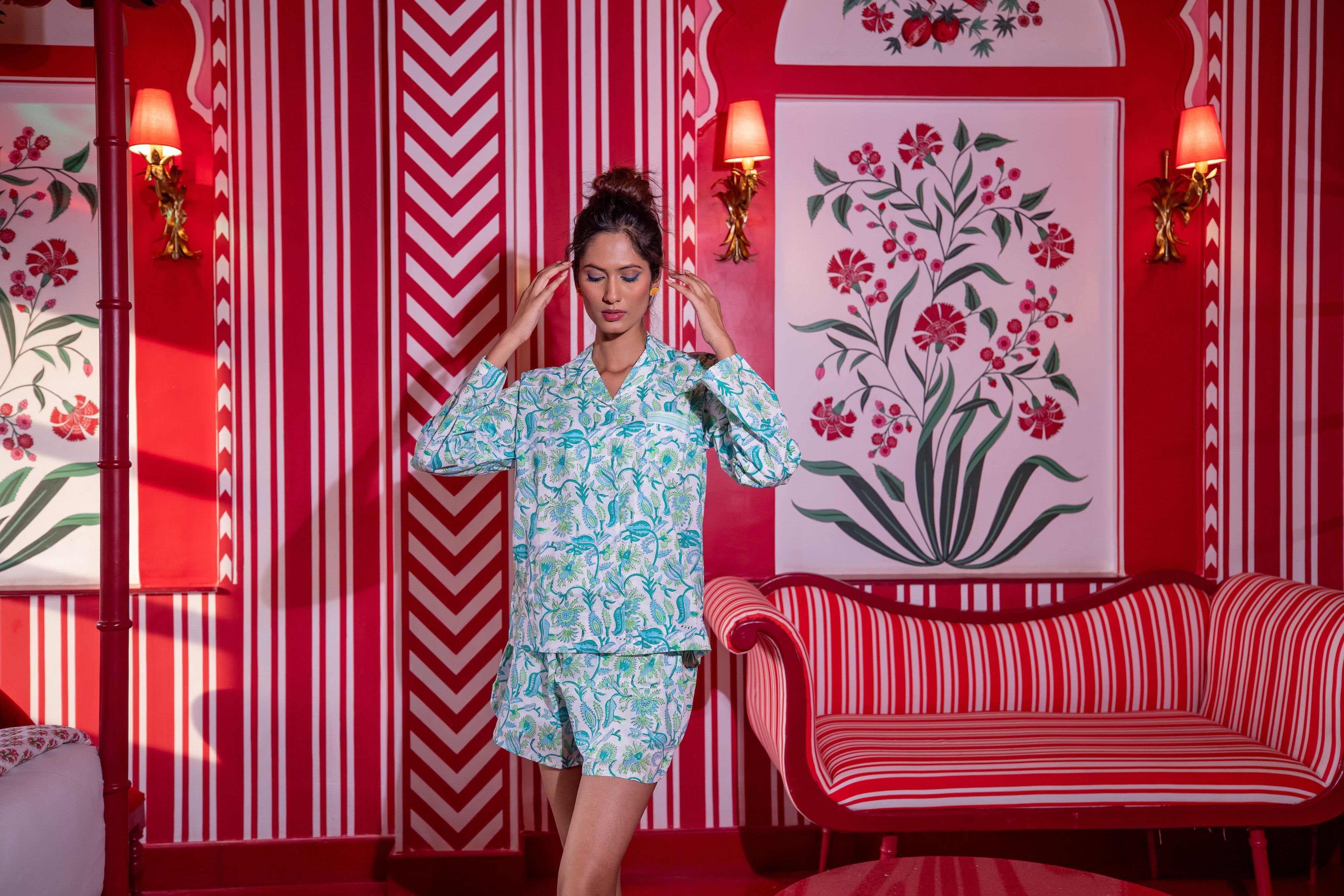 Hand Block Printed Cotton PJ Shorts Set - Apple Green