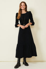 Victoria Round Neck 3/4 Sleeve Stretch Corduroy Dress | Black