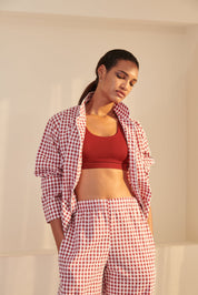 Gingham Set (Shirt & Trousers)- Wine Red