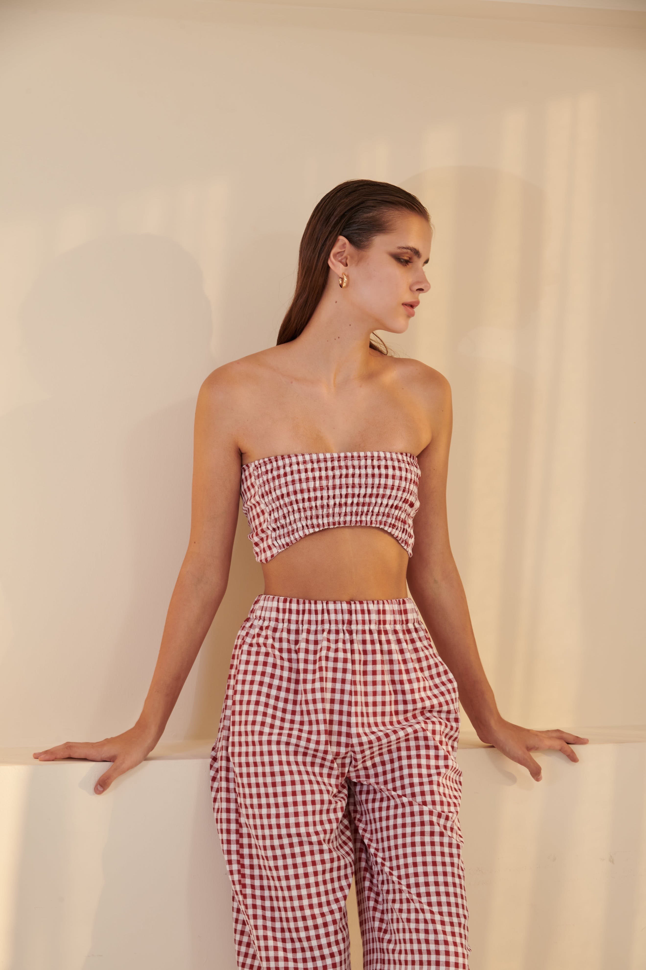 Gingham Bow Bandeau - Red Wine