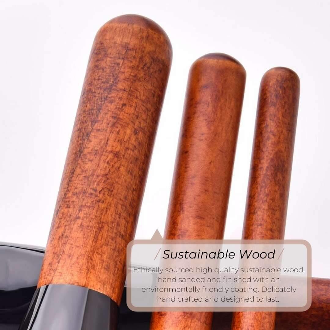 Vegan Makeup Face & Cheek Brush Set- Elegance. Sustainable Wood & Black