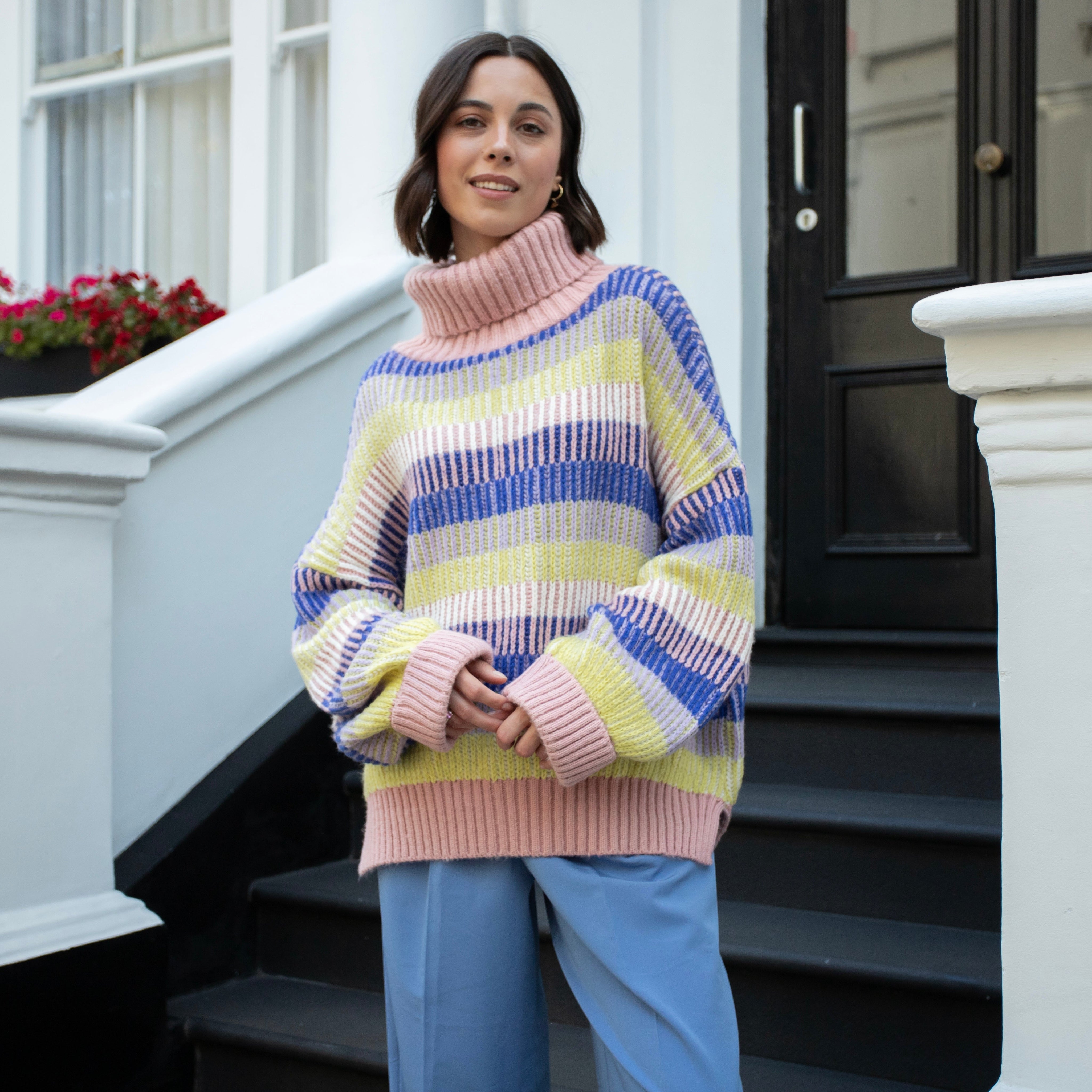 Tasha Oversized Balloon Sleeve Stripe Roll Neck Jumper - Pink