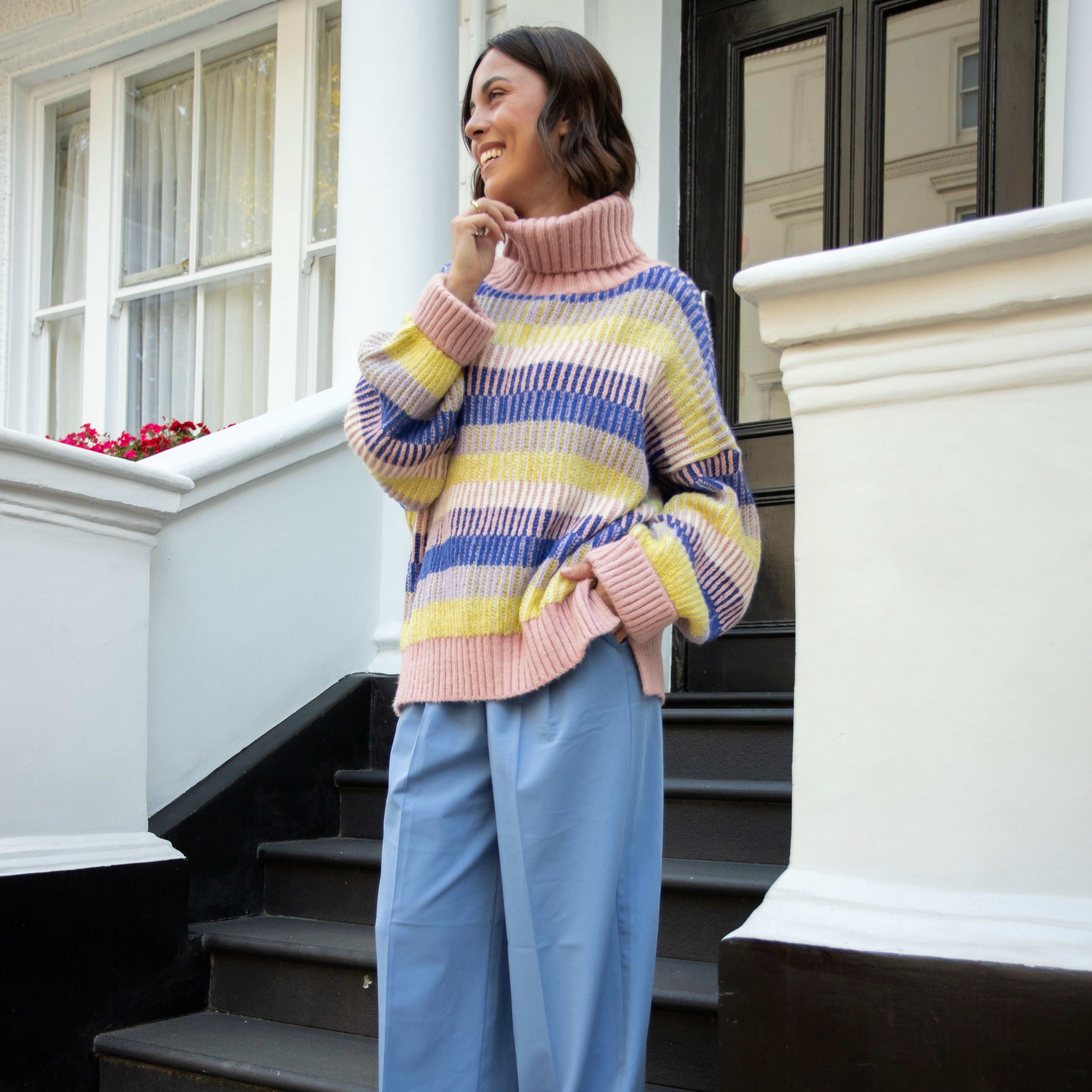 Tasha Oversized Balloon Sleeve Stripe Roll Neck Jumper - Pink