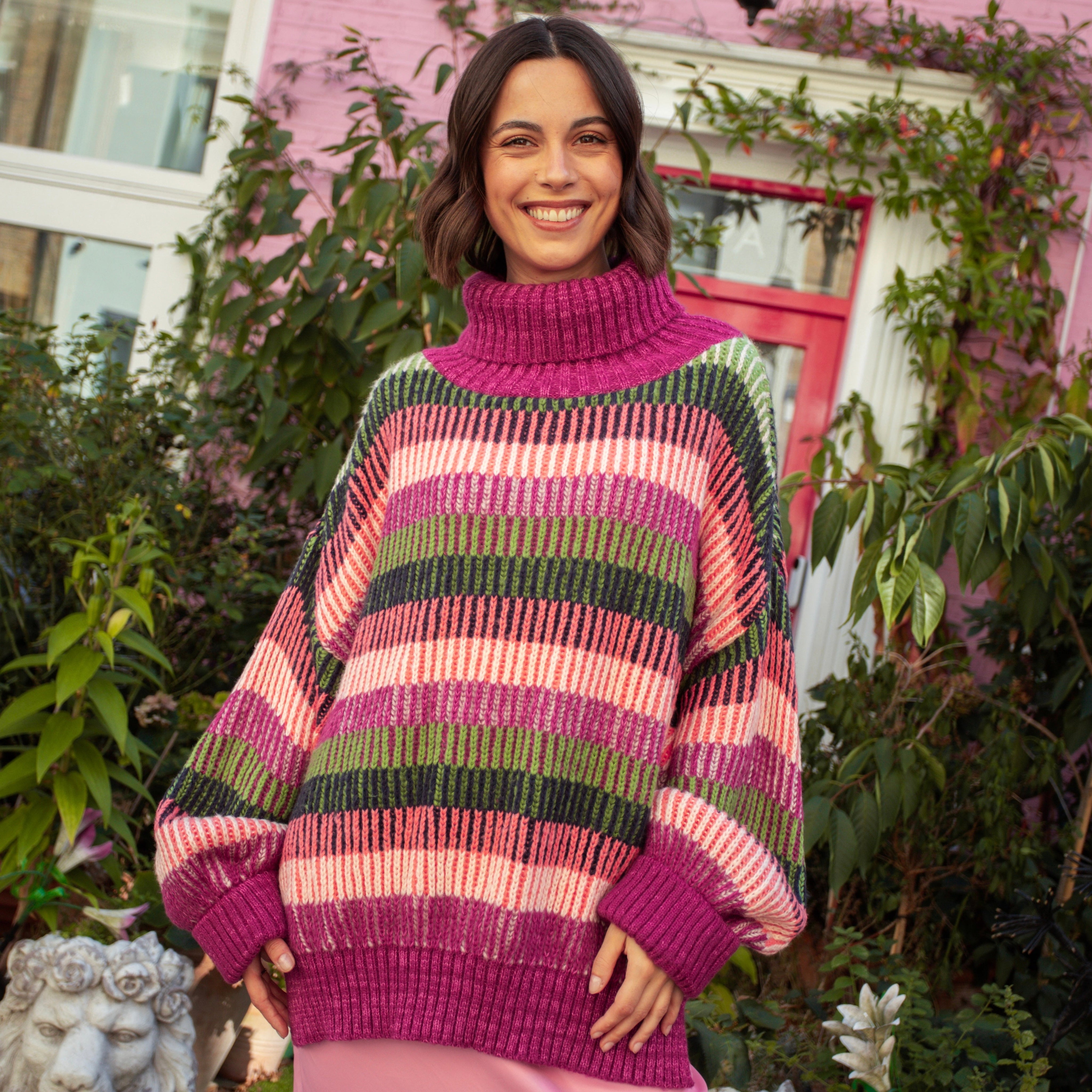 Tasha Oversized Balloon Sleeve Stripe Roll Neck Jumper - Purple