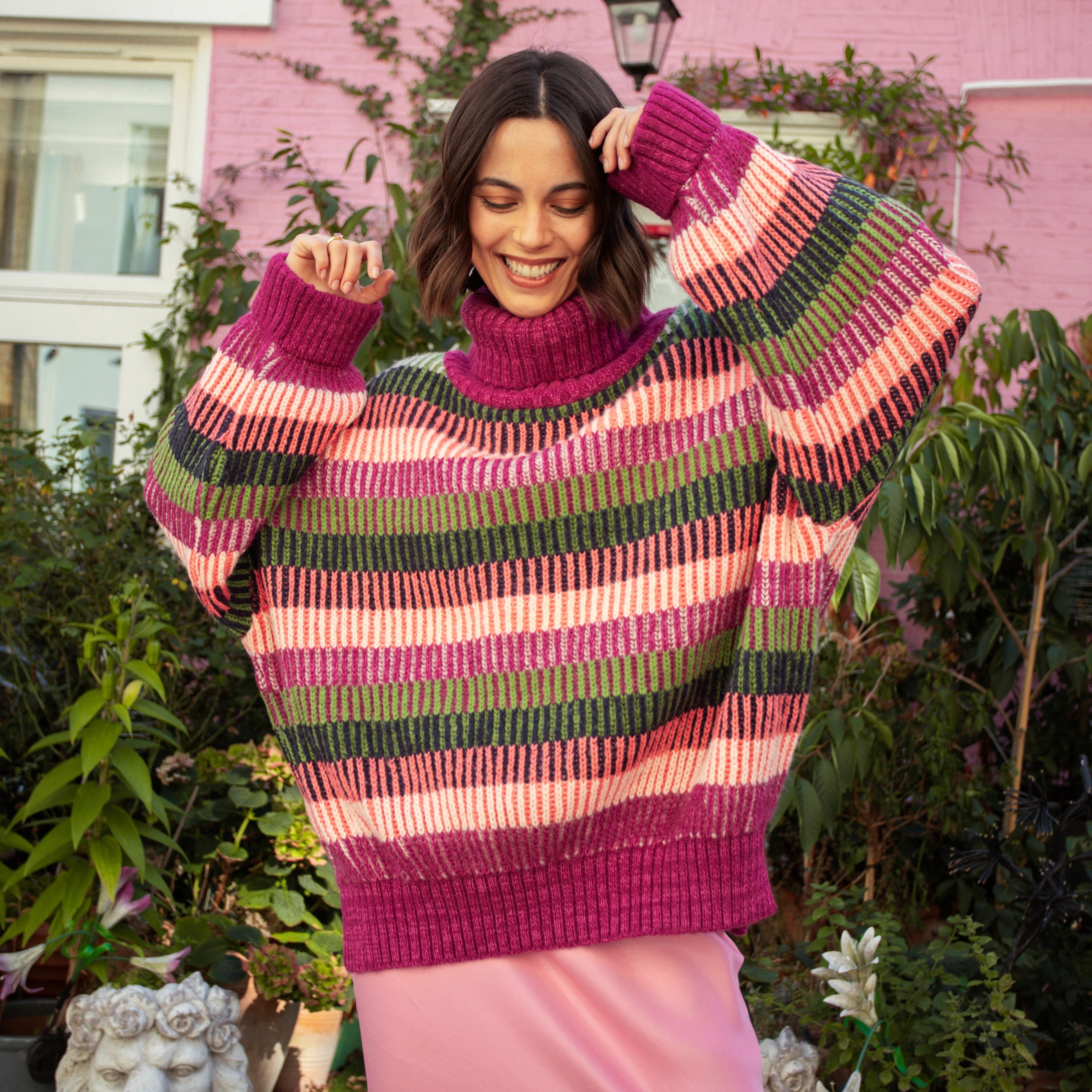 Tasha Oversized Balloon Sleeve Stripe Roll Neck Jumper - Purple