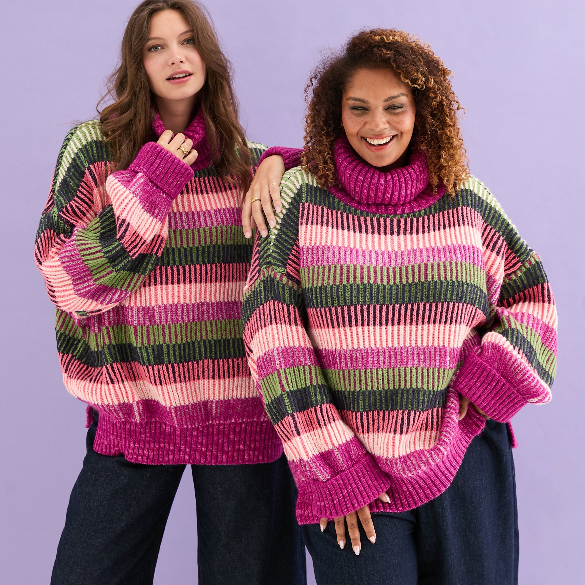 Tasha Oversized Balloon Sleeve Stripe Roll Neck Jumper - Purple