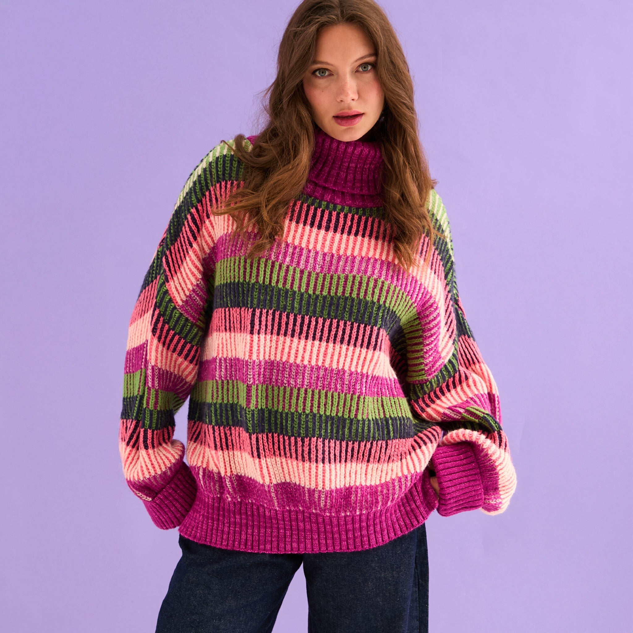 Tasha Oversized Balloon Sleeve Stripe Roll Neck Jumper - Purple