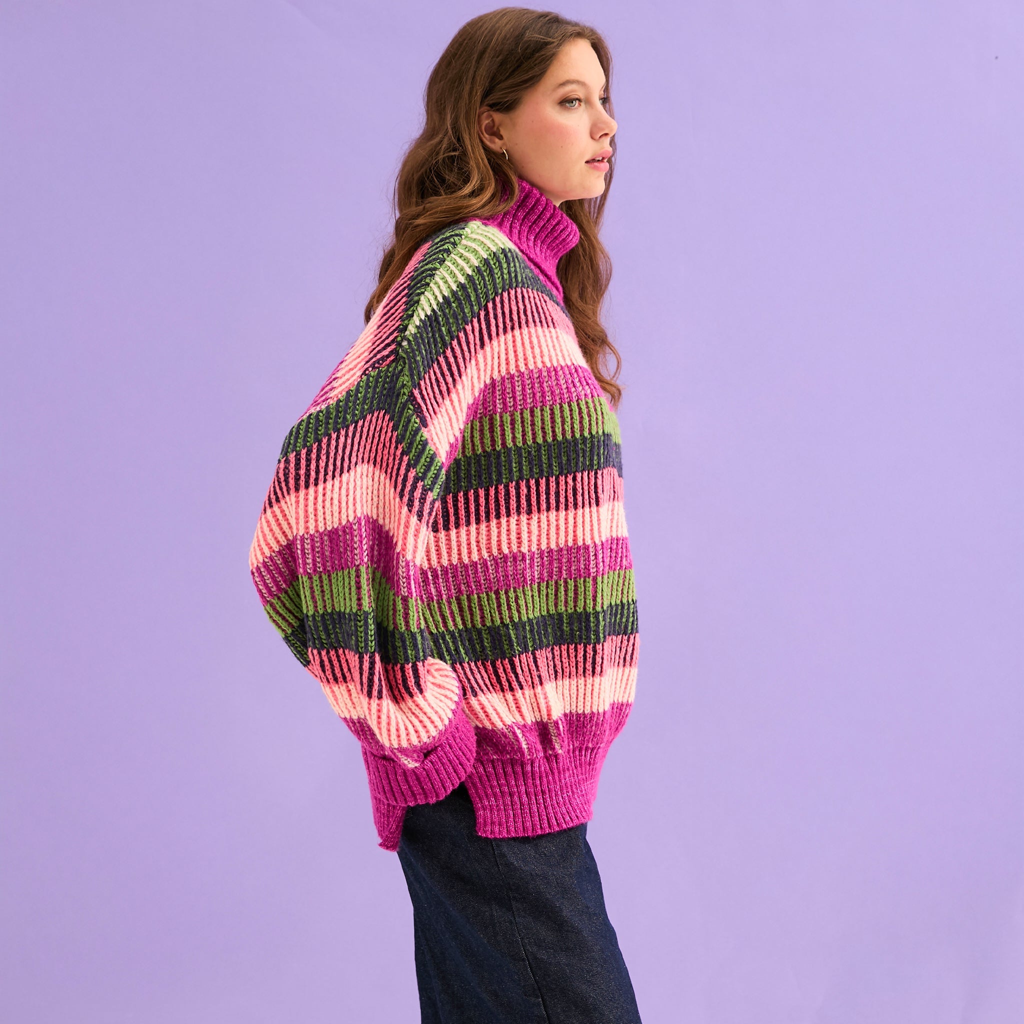 Tasha Oversized Balloon Sleeve Stripe Roll Neck Jumper - Purple
