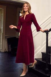 Jocelyn V-Neck 3/4 Sleeve Corduroy Dress | Wine