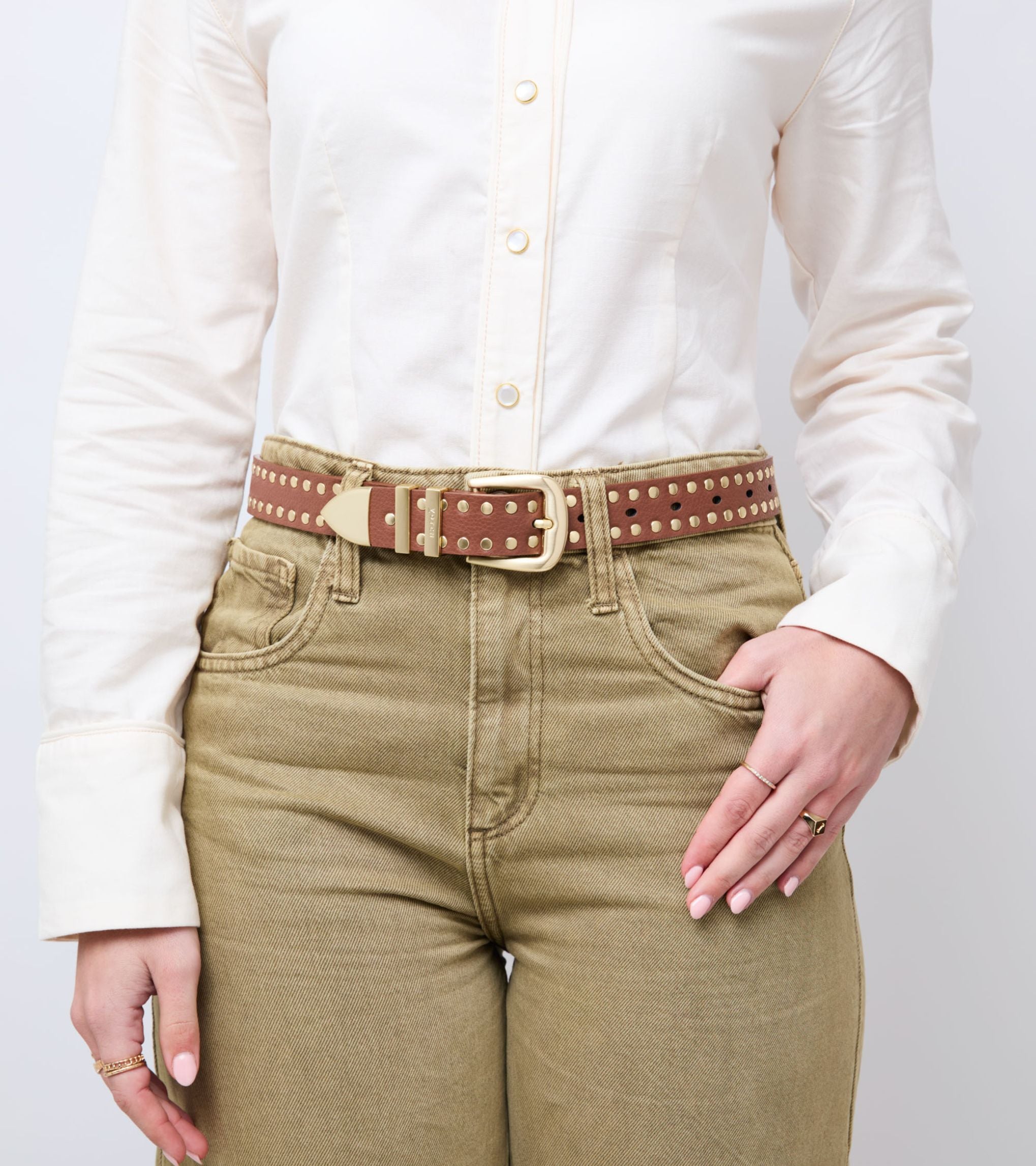 Ayla Vegan Bio-Based Bamboo Western Studded Belt in Brown