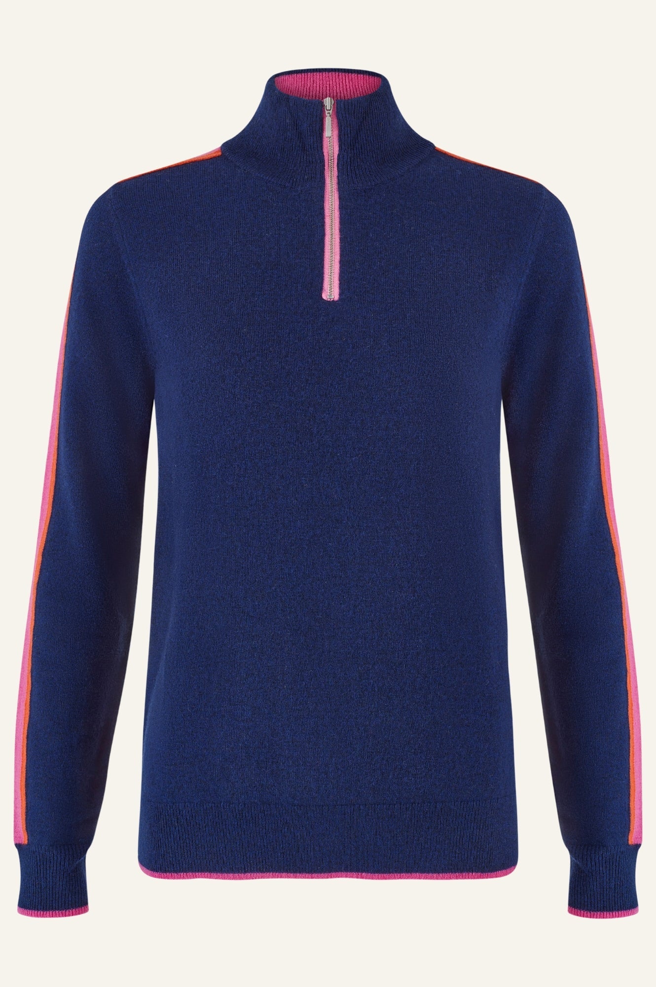 Merino Wool Overarm Stripe Quarter Zip Jumper | Navy/Pink/Orange