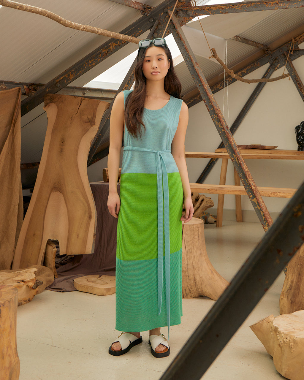 Colour Block Belted Slit Dress Green & Blue