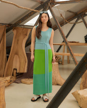 Colour Block Belted Slit Dress Green & Blue