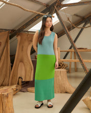 Colour Block Belted Slit Dress Green & Blue