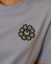 Blue Eyed Flower Upcycled Appliqué T-Shirt Blue