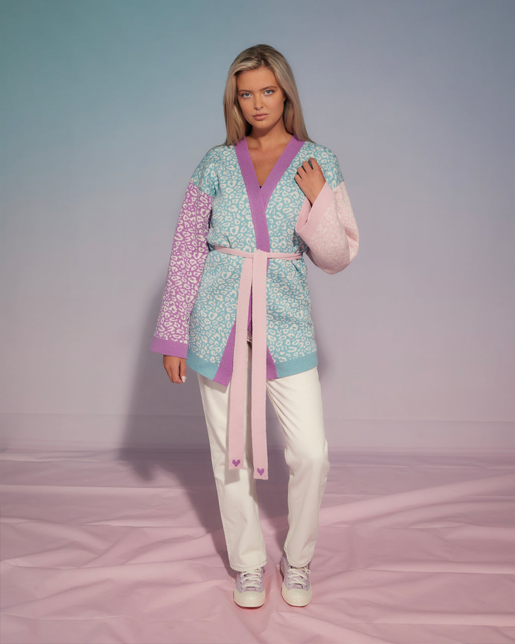 Leopard Knitted Wool & Cashmere Kimono Pastel