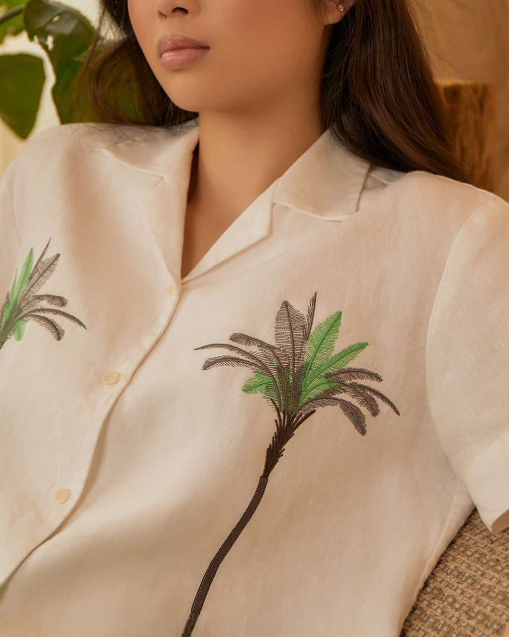 Palm Embroidered Irish Linen Cuban Shirt