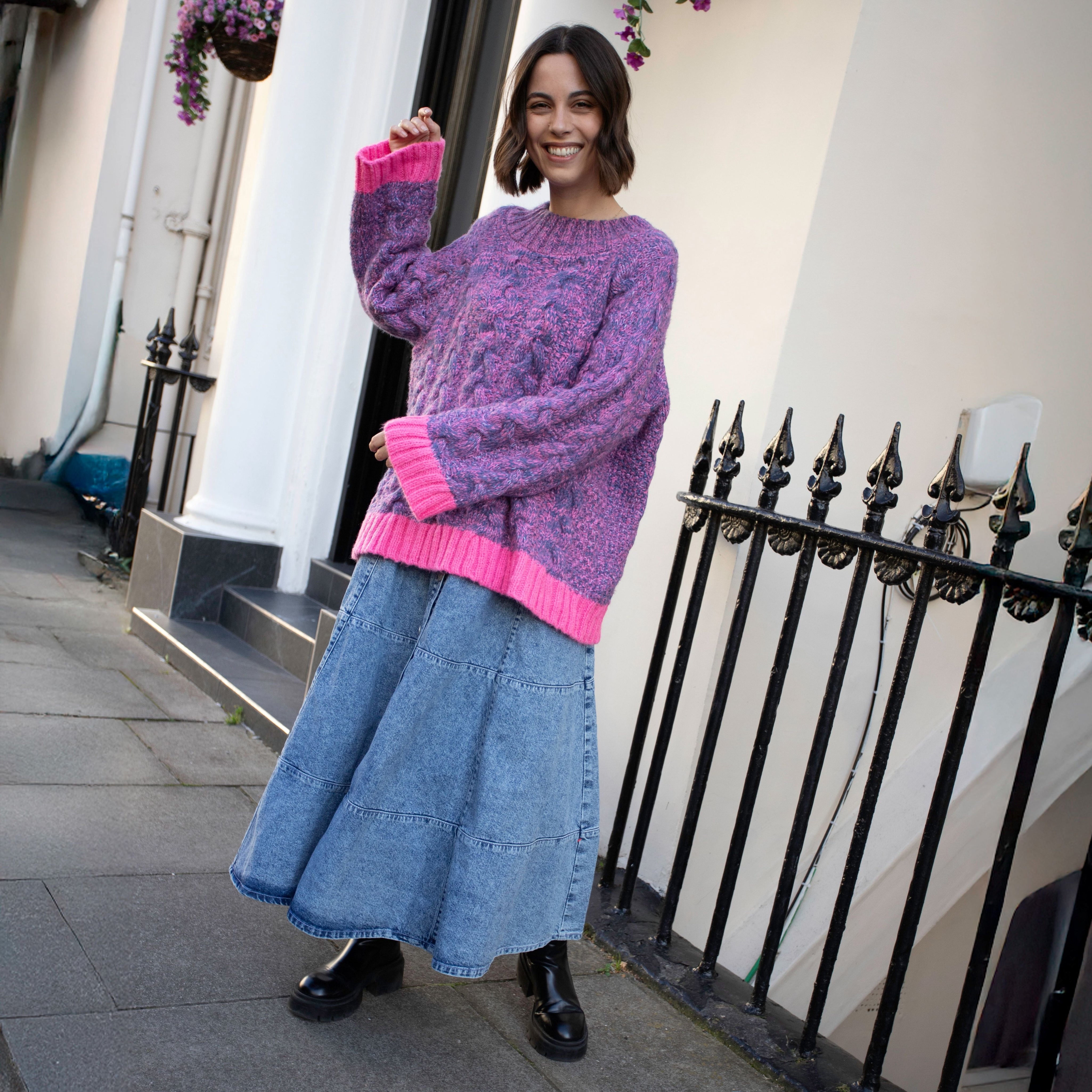 Jennie Cable High Neck Balloon Sleeve Jumper - Denim