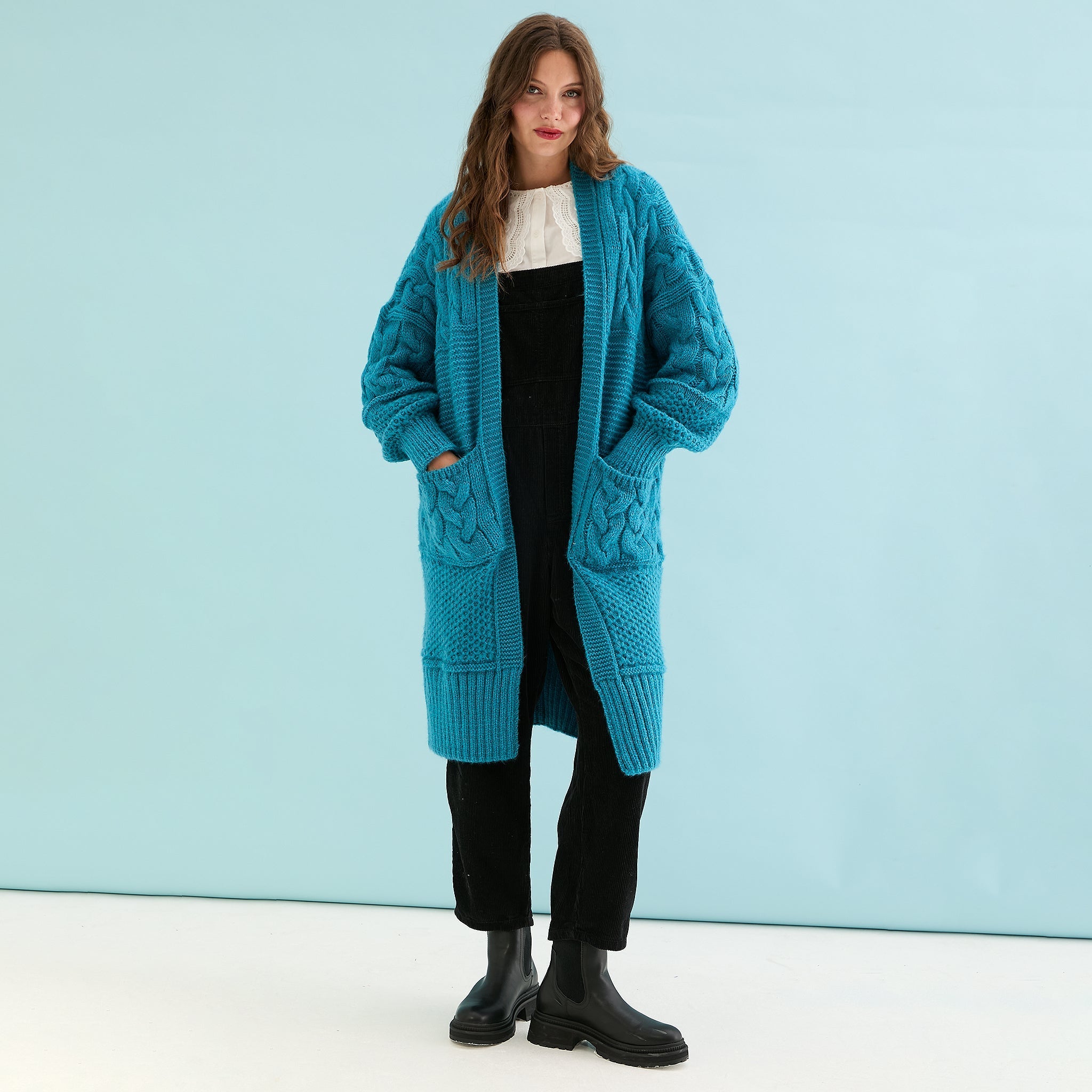 Alex Balloon Sleeve Cable Maxi Cardigan - Teal