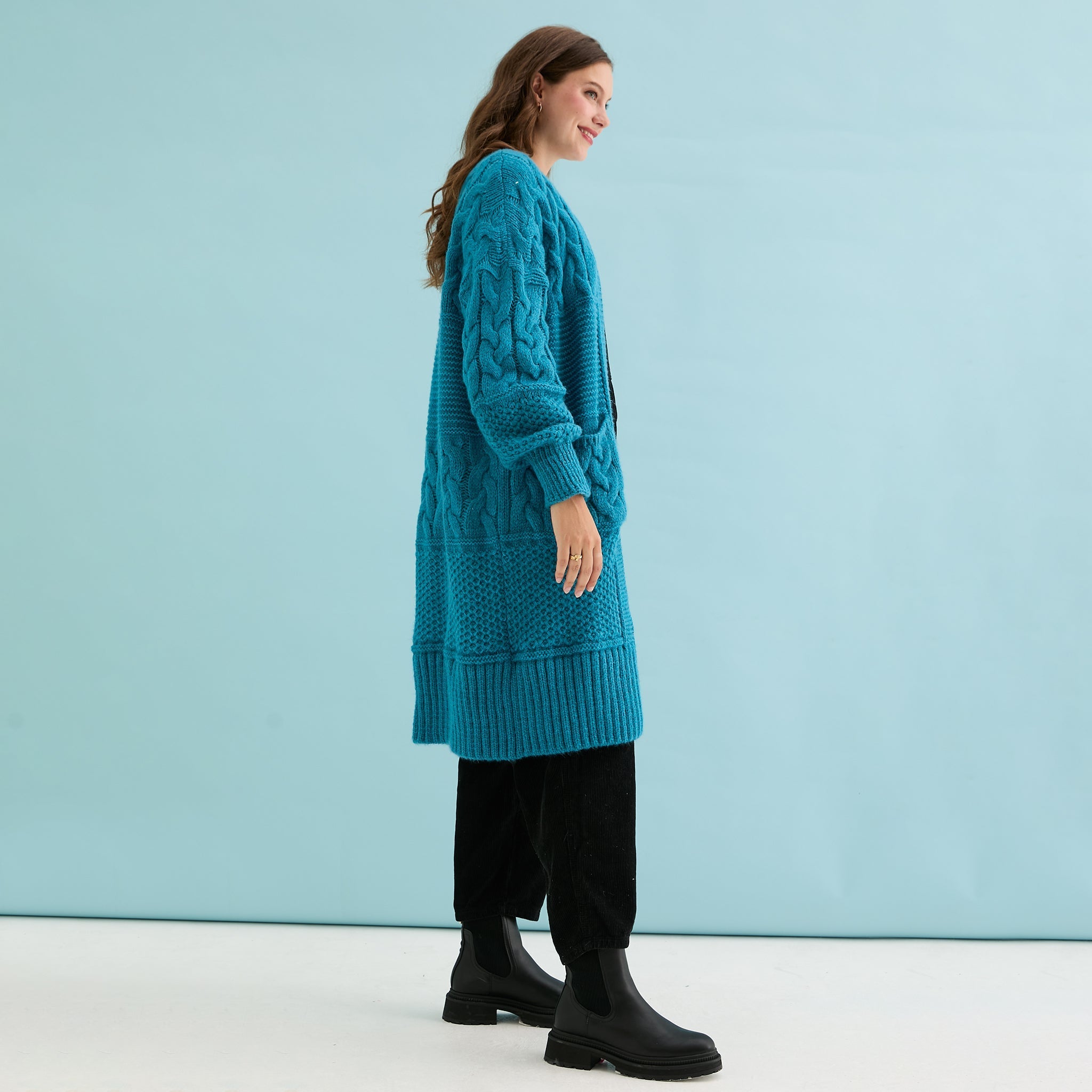 Alex Balloon Sleeve Cable Maxi Cardigan - Teal